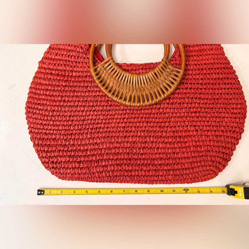 Straw Studios Woven Raffia Tote Wood Handle Boho Summer Bag - Picture 4 of 9